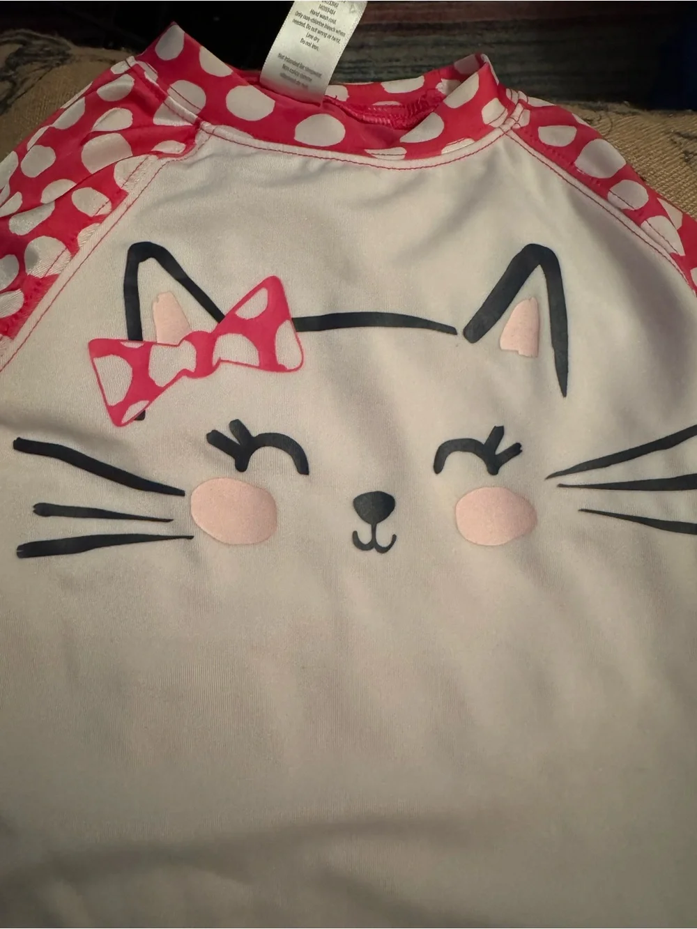 Gymboree Girls Rash Guard Swim Shirt 4T Pink/White Polka Dot Cat Bow LS